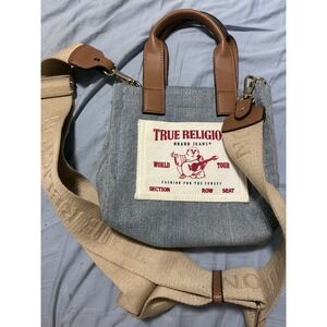 True Religion Mini Logo Tote Bag Light Denim w/ Guitar Strap